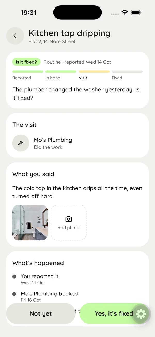 Rolo asks the tenant: is the kitchen tap fixed?