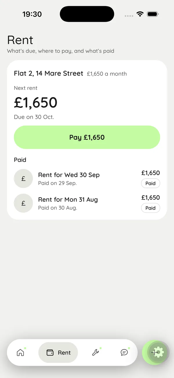 Rolo's rent screen: £1,650 due on 30 Oct with a Pay button